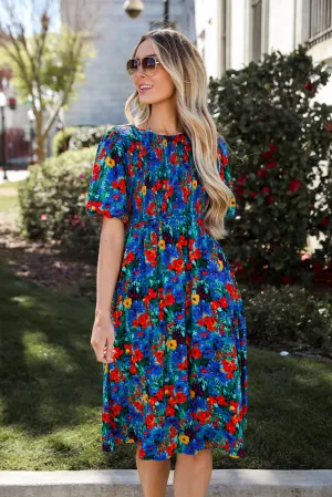 Beautiful Presence Blue Floral Midi Dress Beautiful Presence Blue Floral Midi Dress