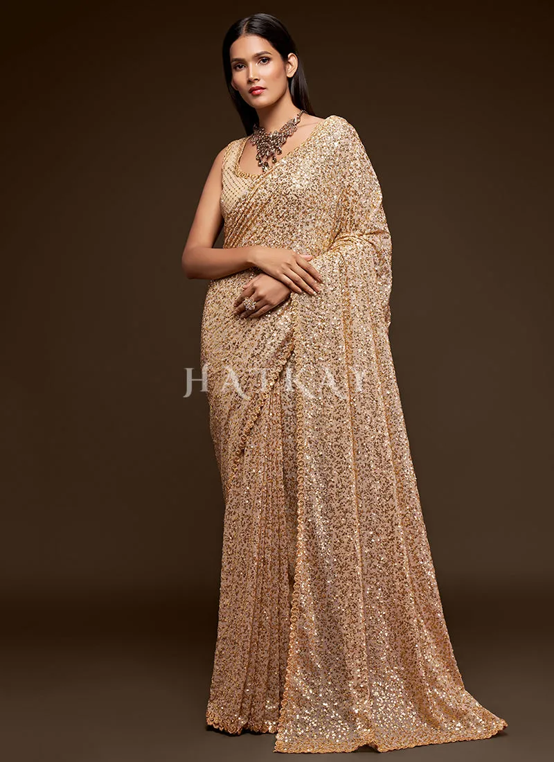 Beige Golden Sequins Embroidery Georgette Saree