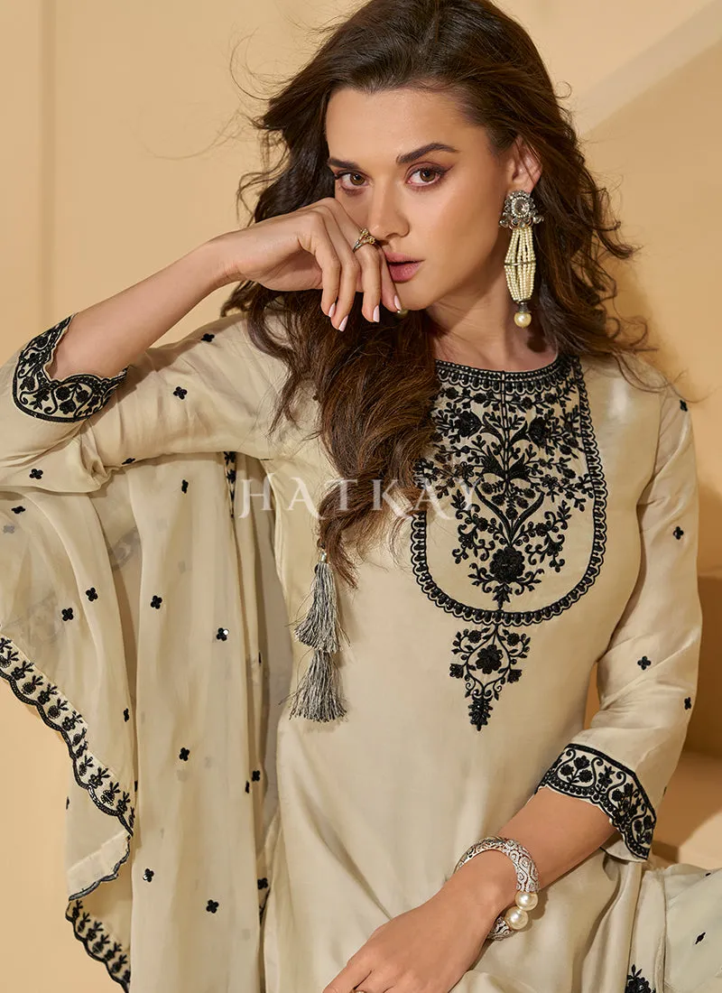 Cream Designer Embroidery Wedding Sharara Suit