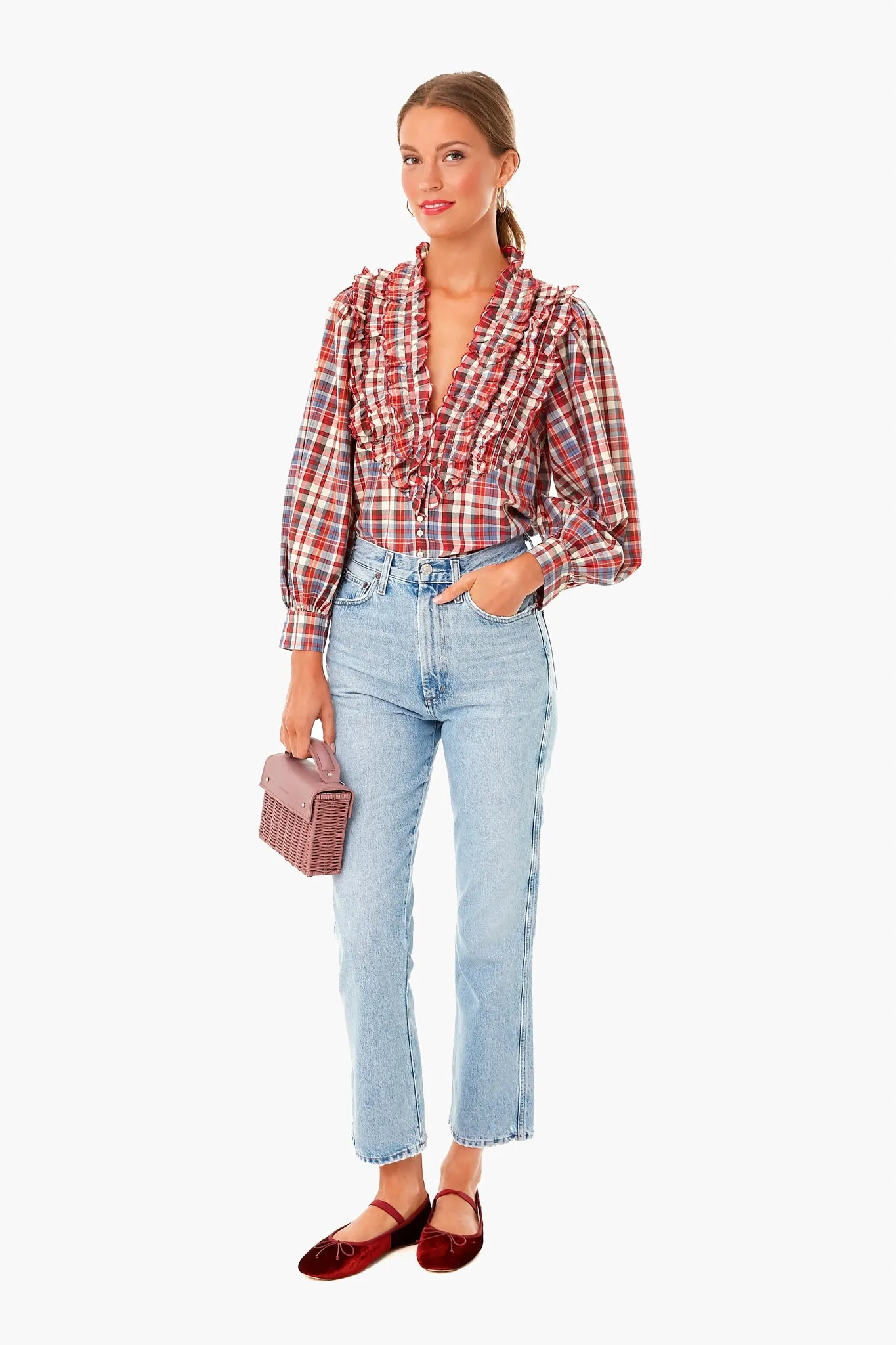 Farmhouse Plaid Tuxedo Button Top