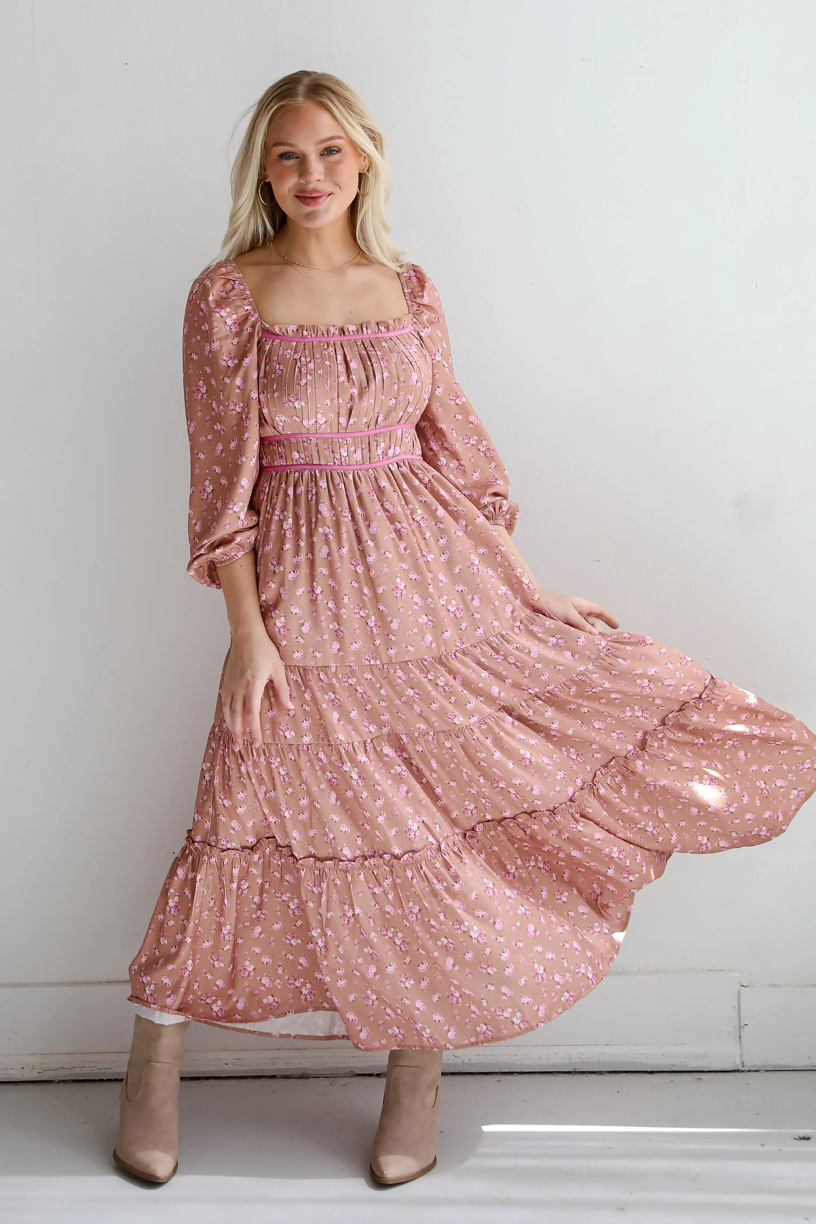 FINAL SALE - Dynamic Sensation Taupe Floral Tiered Maxi Dress