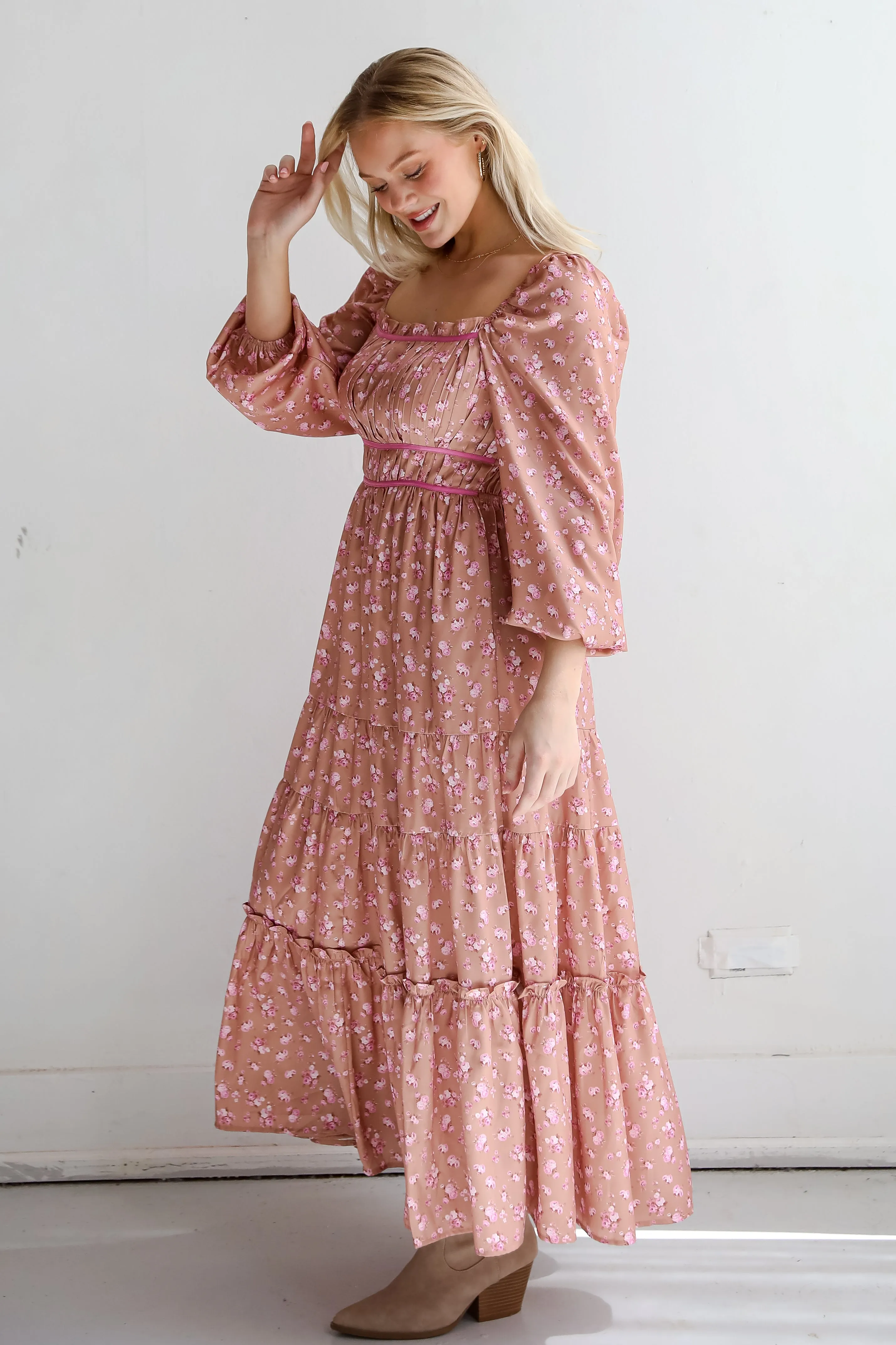FINAL SALE - Dynamic Sensation Taupe Floral Tiered Maxi Dress