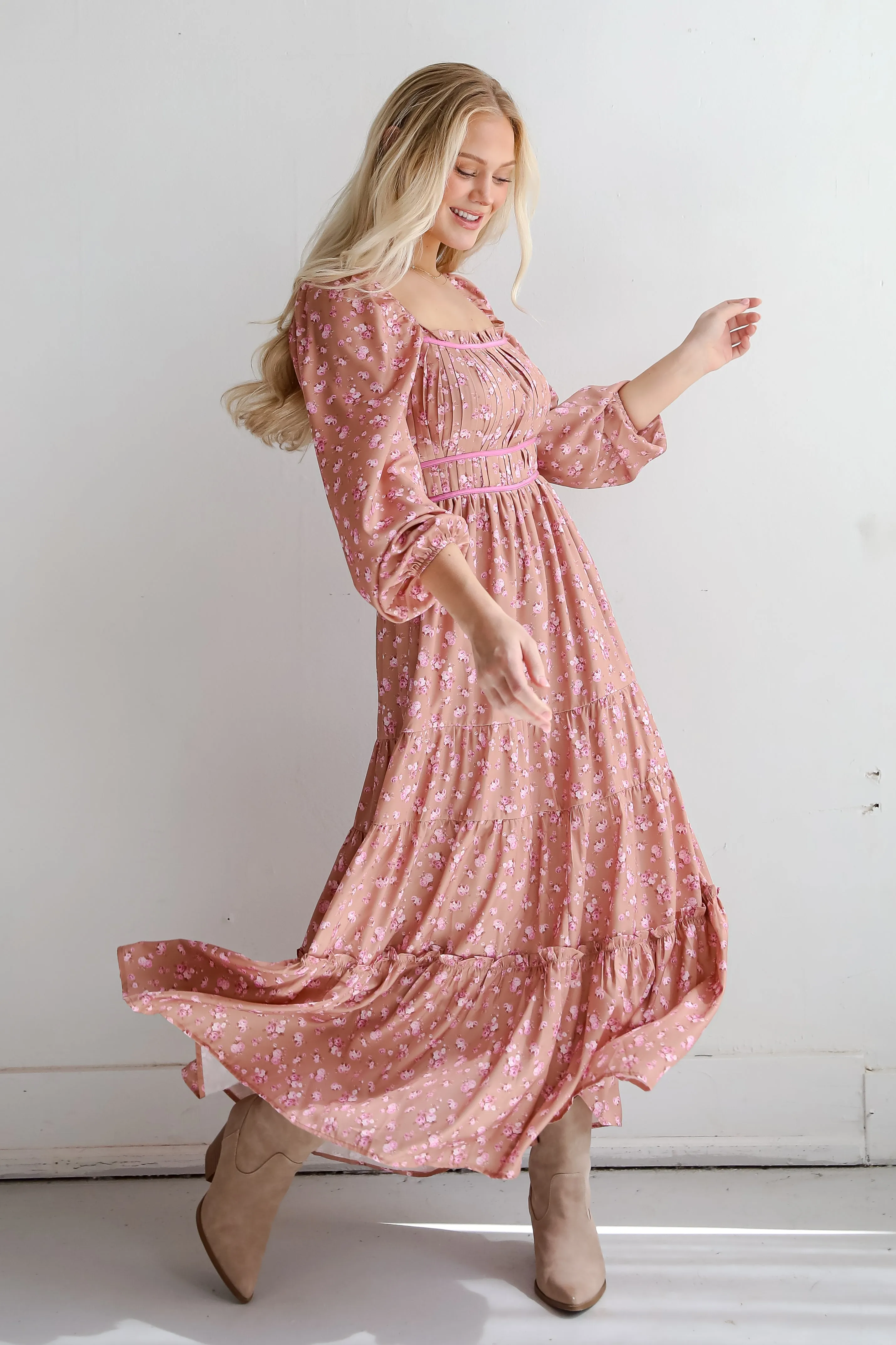 FINAL SALE - Dynamic Sensation Taupe Floral Tiered Maxi Dress
