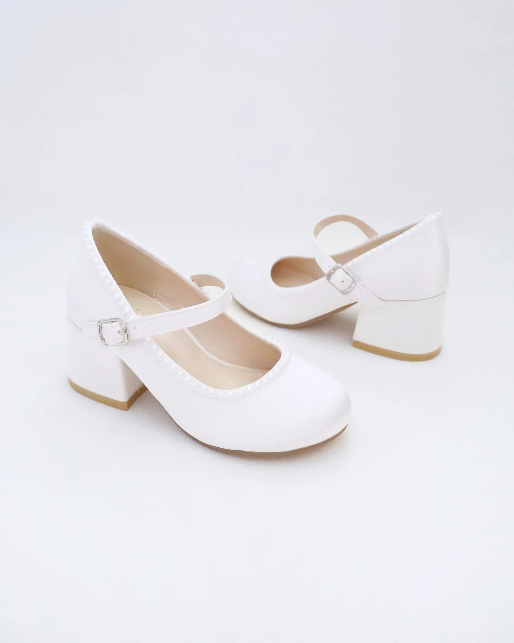 Girls Satin Mary Jane Block Heel with Mini Pearls