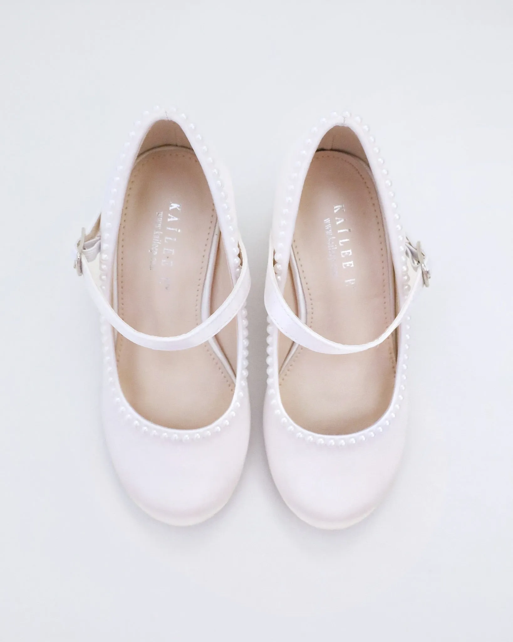 Girls Satin Mary Jane Block Heel with Mini Pearls