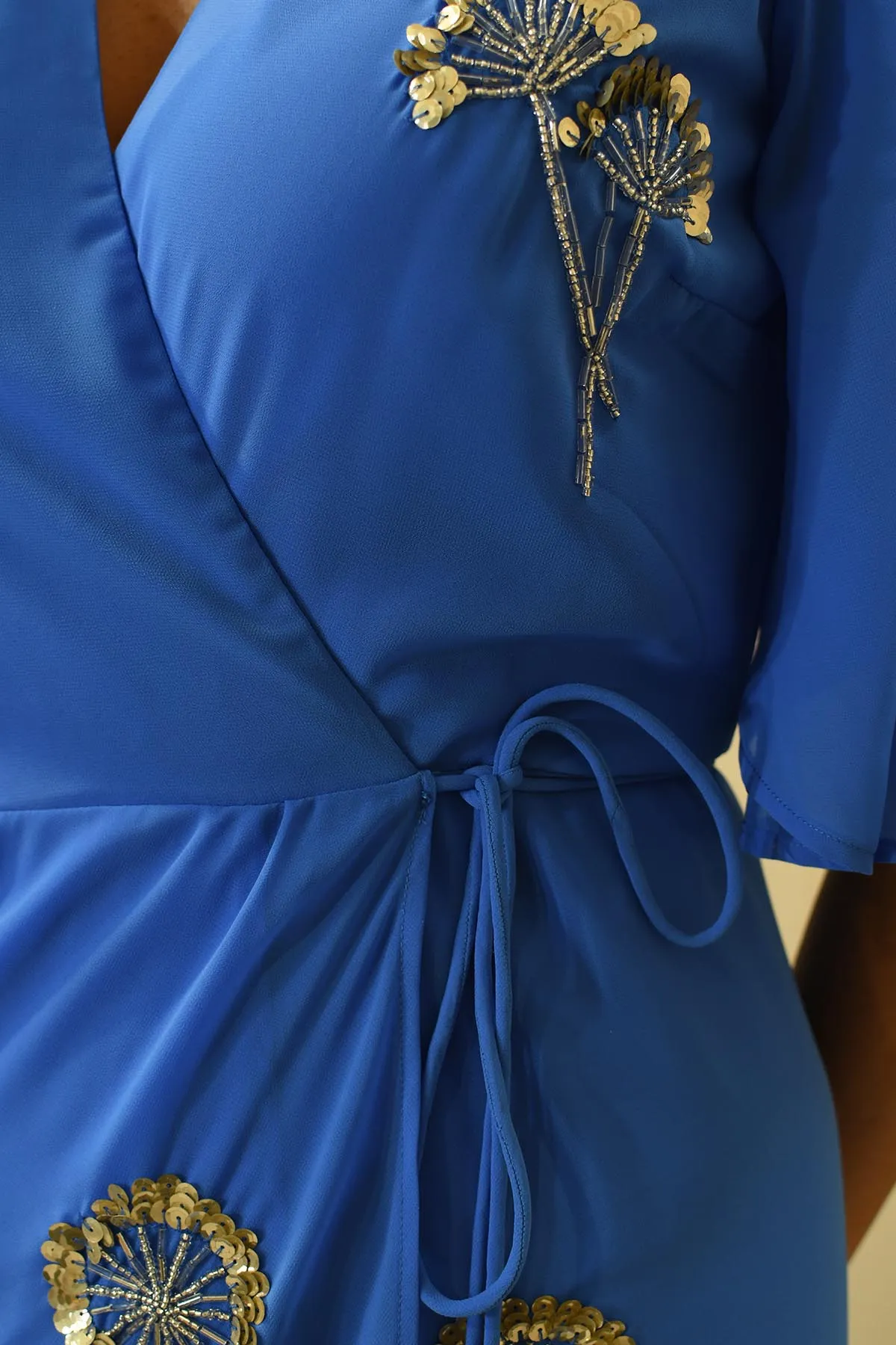 Hope & Ivy Cornflower Blue Embellished Wrap Dress with Tie Waist and Flutter Sleeve- Mallory