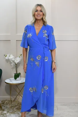 Hope & Ivy Cornflower Blue Embellished Wrap Dress with Tie Waist and Flutter Sleeve- Mallory
