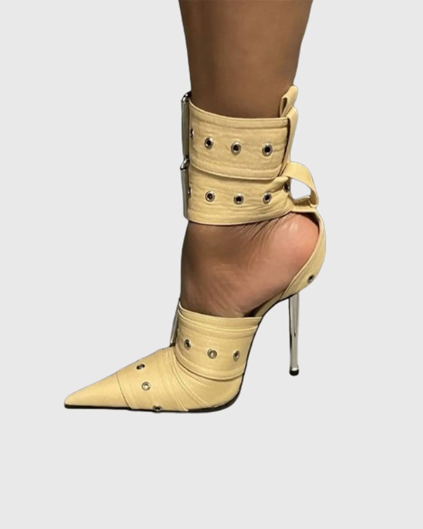 Nicia Buckle Denim Strap Pumps In Apricot