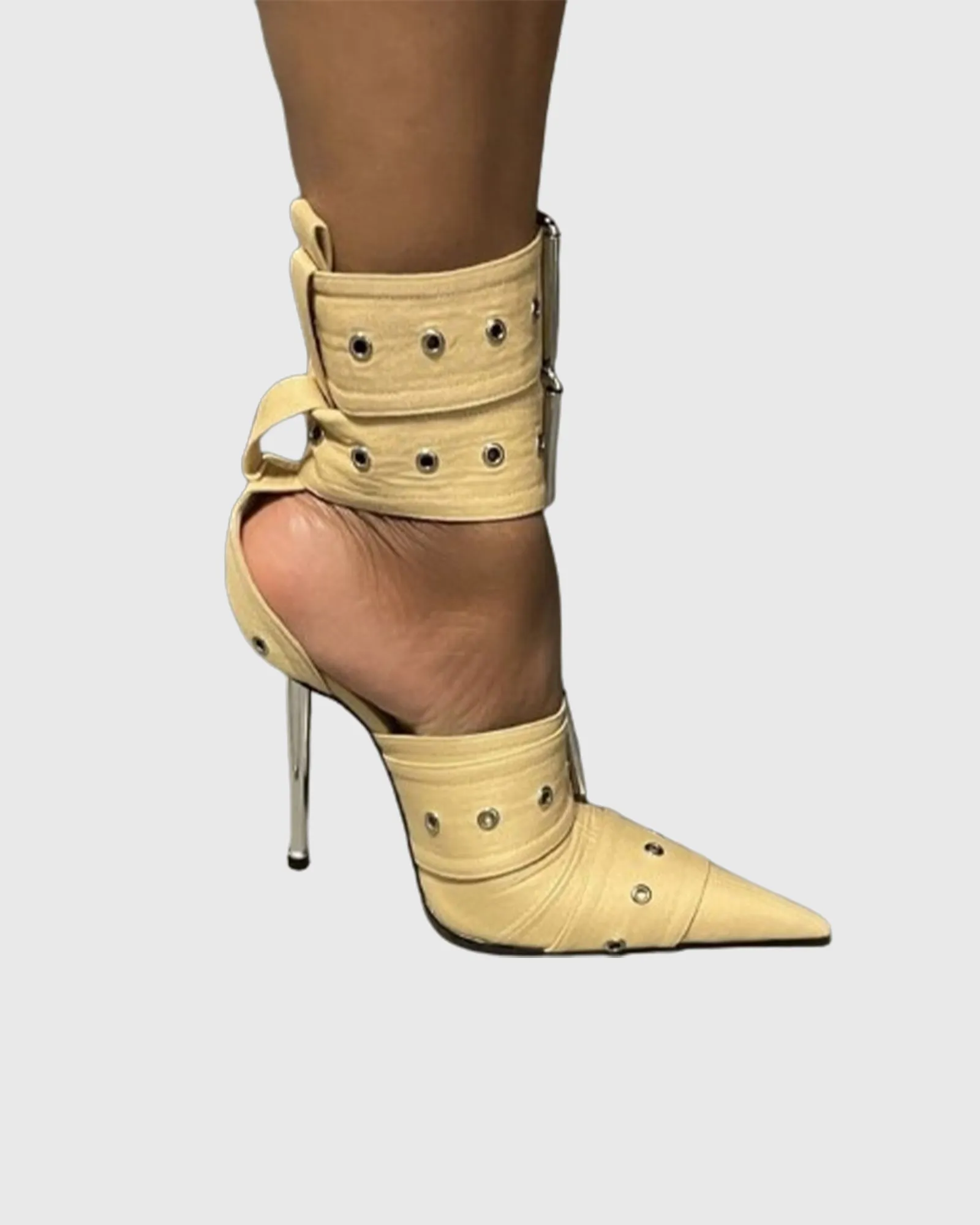 Nicia Buckle Denim Strap Pumps In Apricot