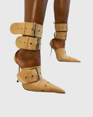Nicia Buckle Denim Strap Pumps In Apricot