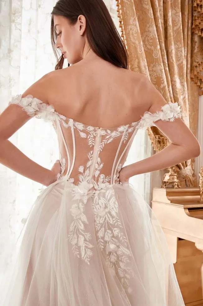Nova Off Shoulder Bustier Floral Applique Tulle Wedding Dress: French White