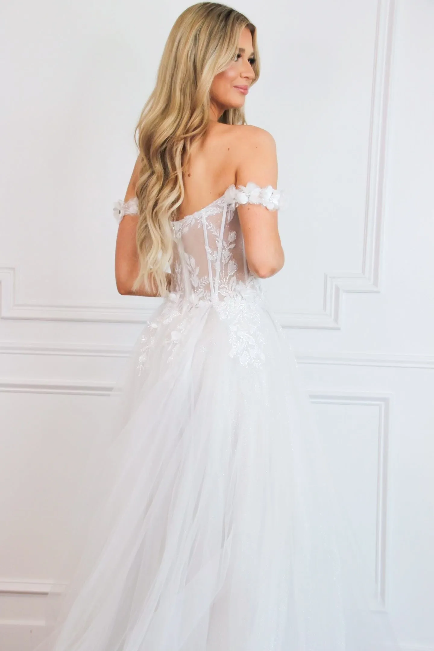 Nova Off Shoulder Bustier Floral Applique Tulle Wedding Dress: French White