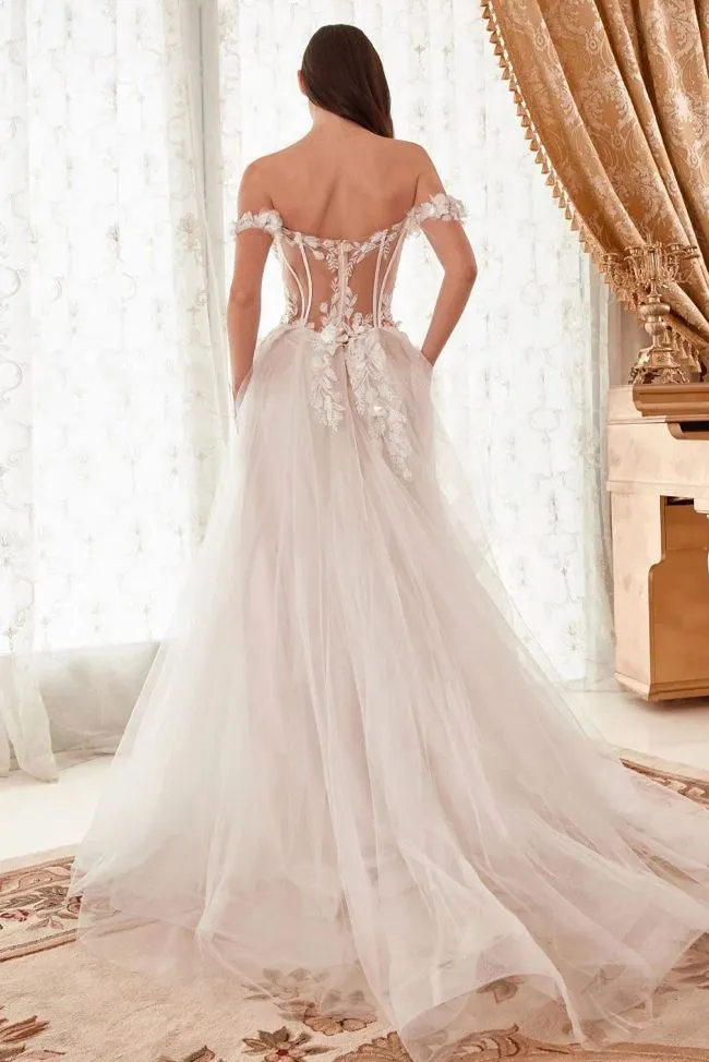 Nova Off Shoulder Bustier Floral Applique Tulle Wedding Dress: French White