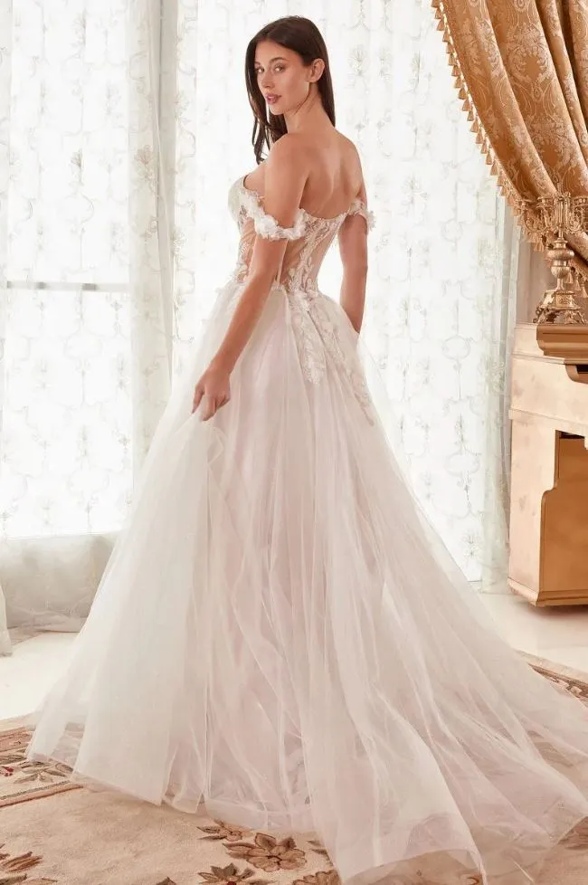 Nova Off Shoulder Bustier Floral Applique Tulle Wedding Dress: French White