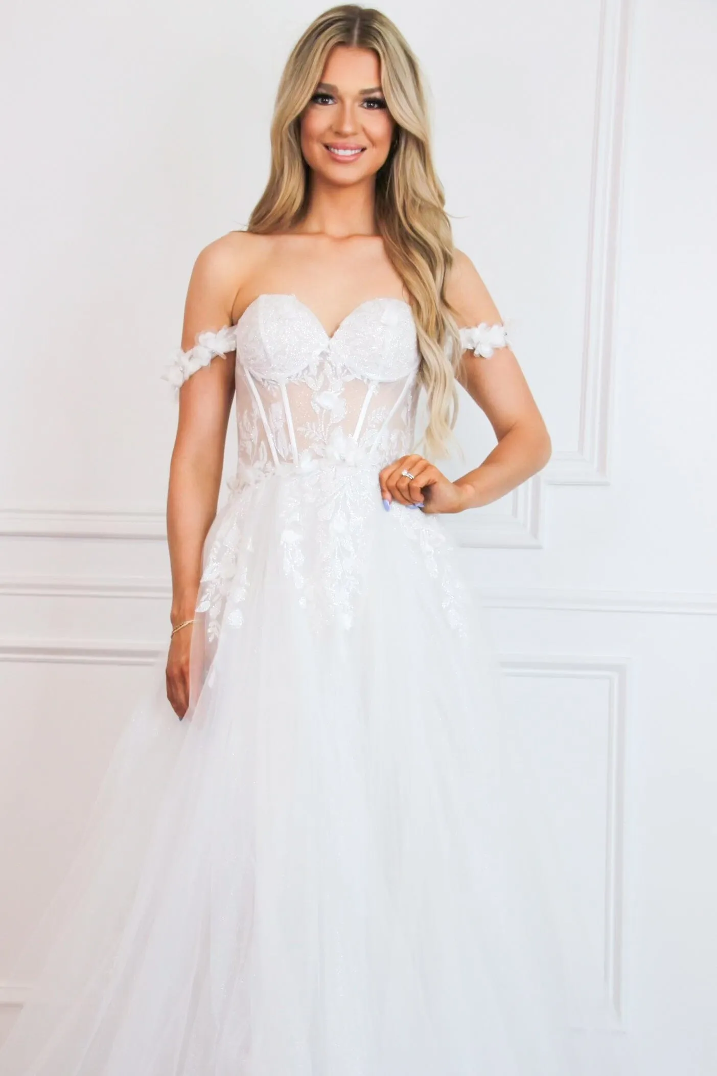 Nova Off Shoulder Bustier Floral Applique Tulle Wedding Dress: French White