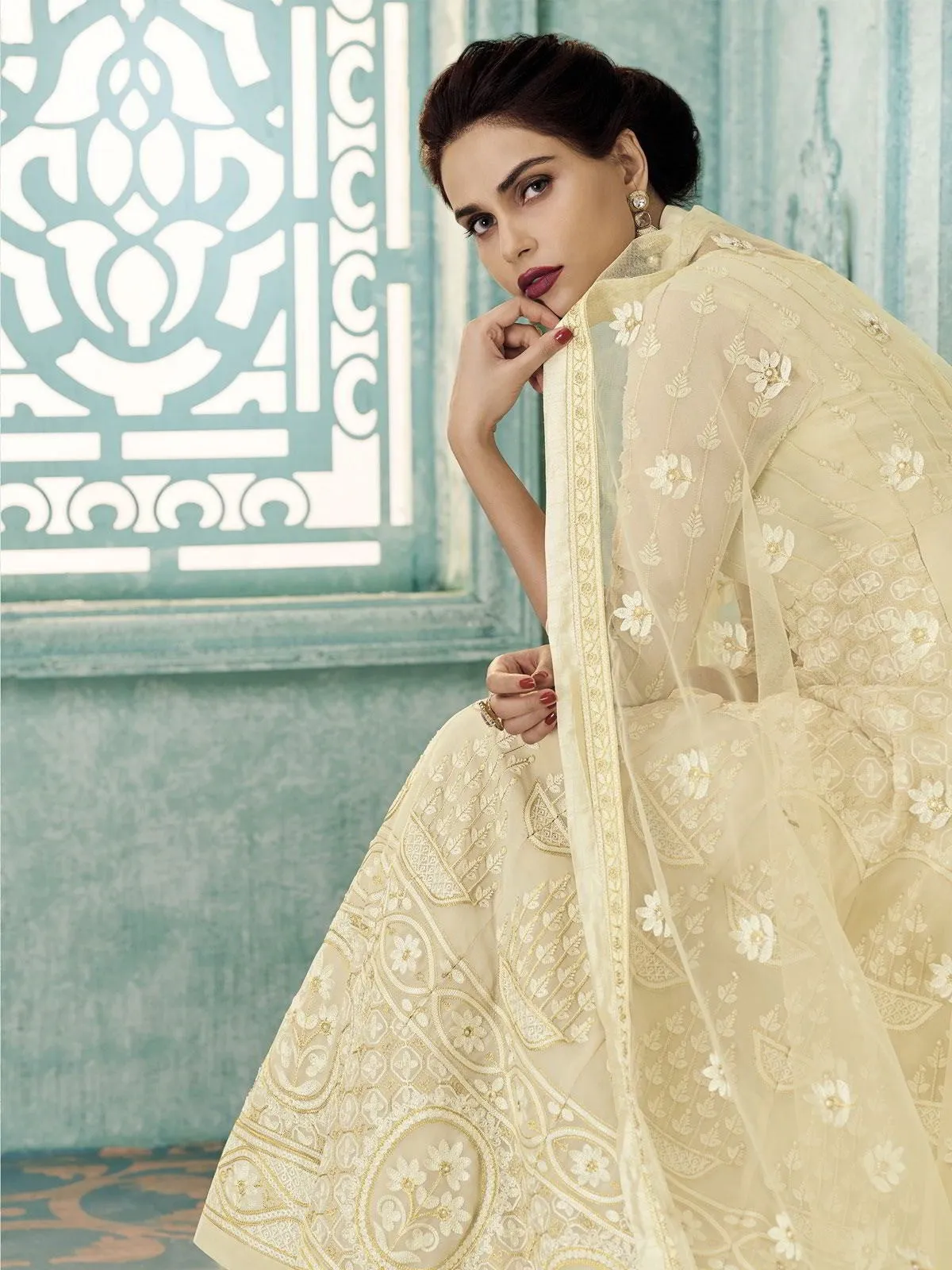 Off White Lucknowi Embroidered Kalidar Anarkali Suit