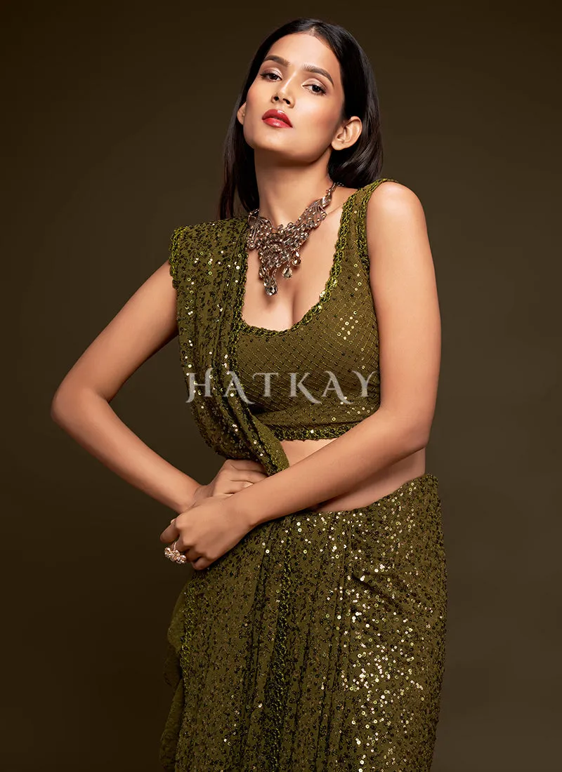 Olive Green Sequins Embroidery Georgette Saree