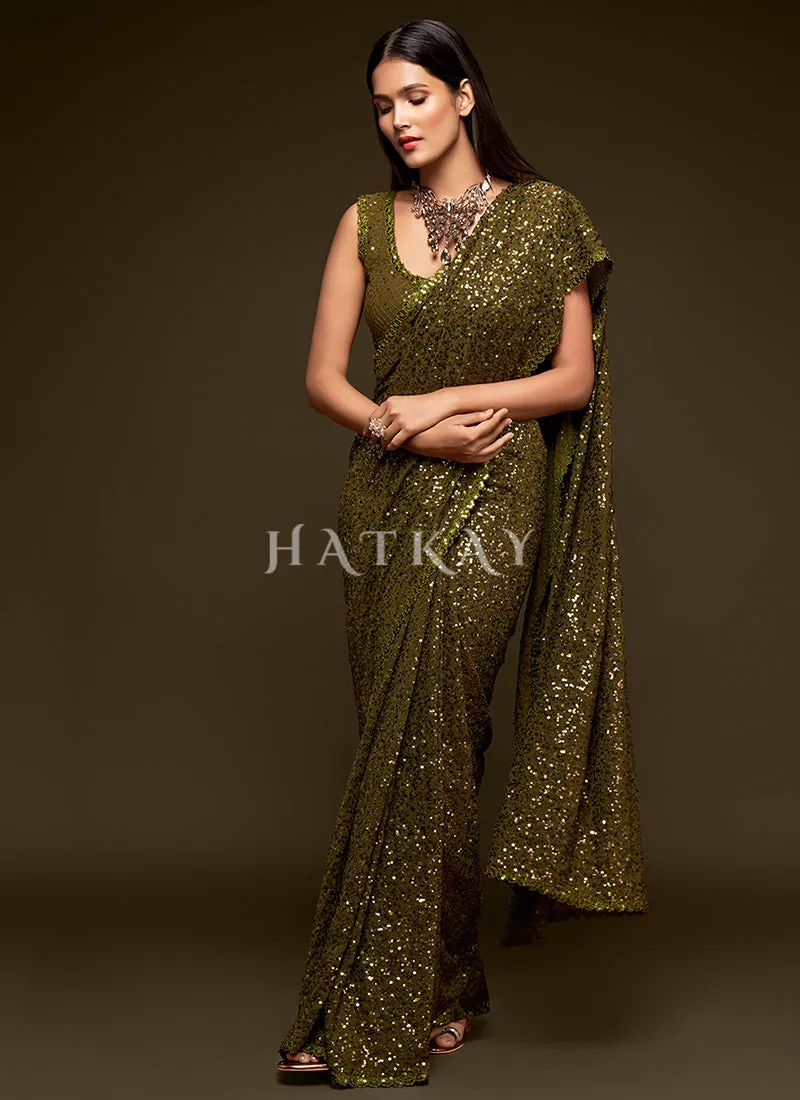 Olive Green Sequins Embroidery Georgette Saree