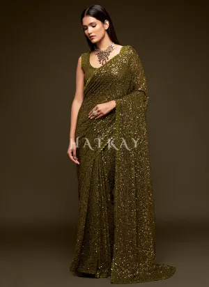 Olive Green Sequins Embroidery Georgette Saree Olive Green Sequins Embroidery Georgette Saree