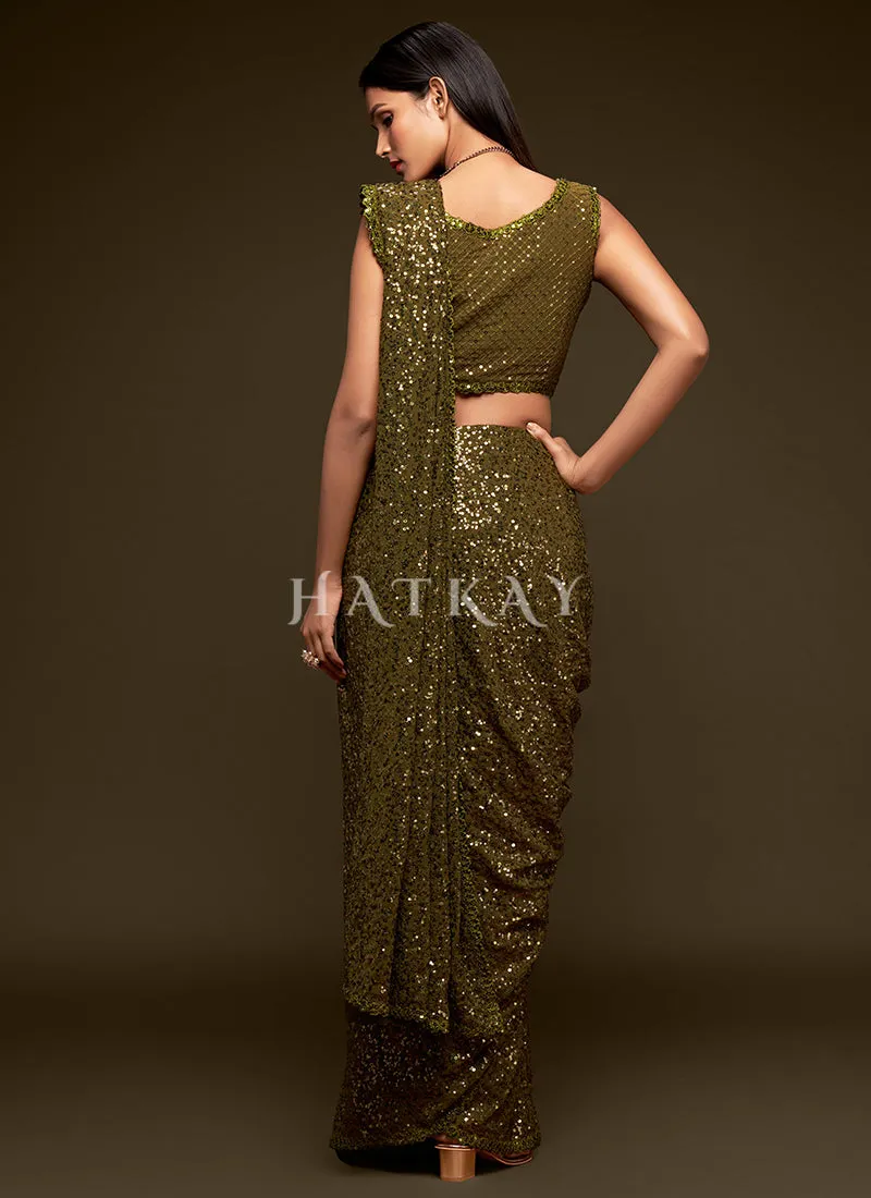 Olive Green Sequins Embroidery Georgette Saree
