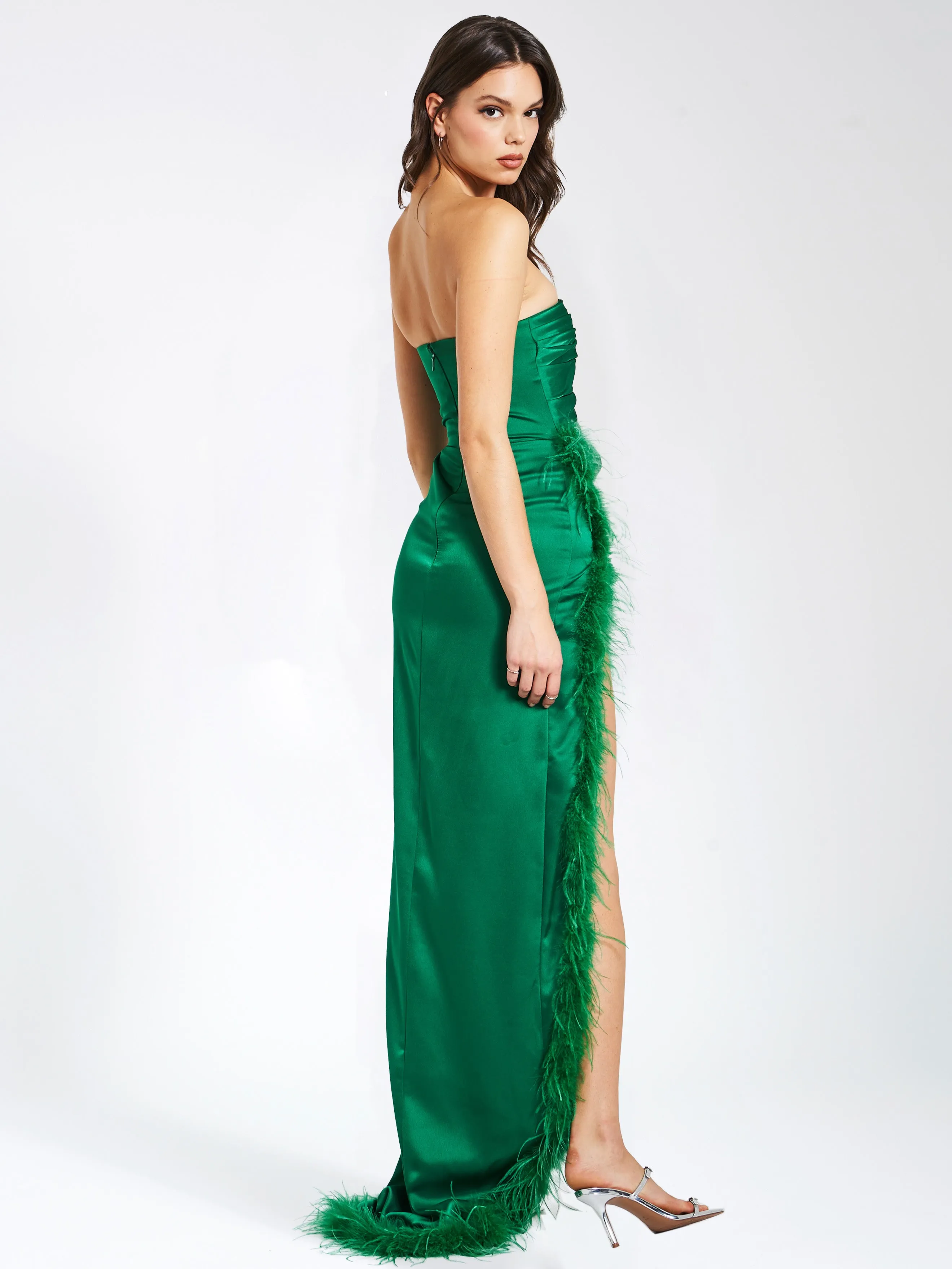 Perrin Emerald Green Feather Graceful Dress High Slit Gown