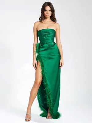 Perrin Emerald Green Feather Graceful Dress High Slit Gown