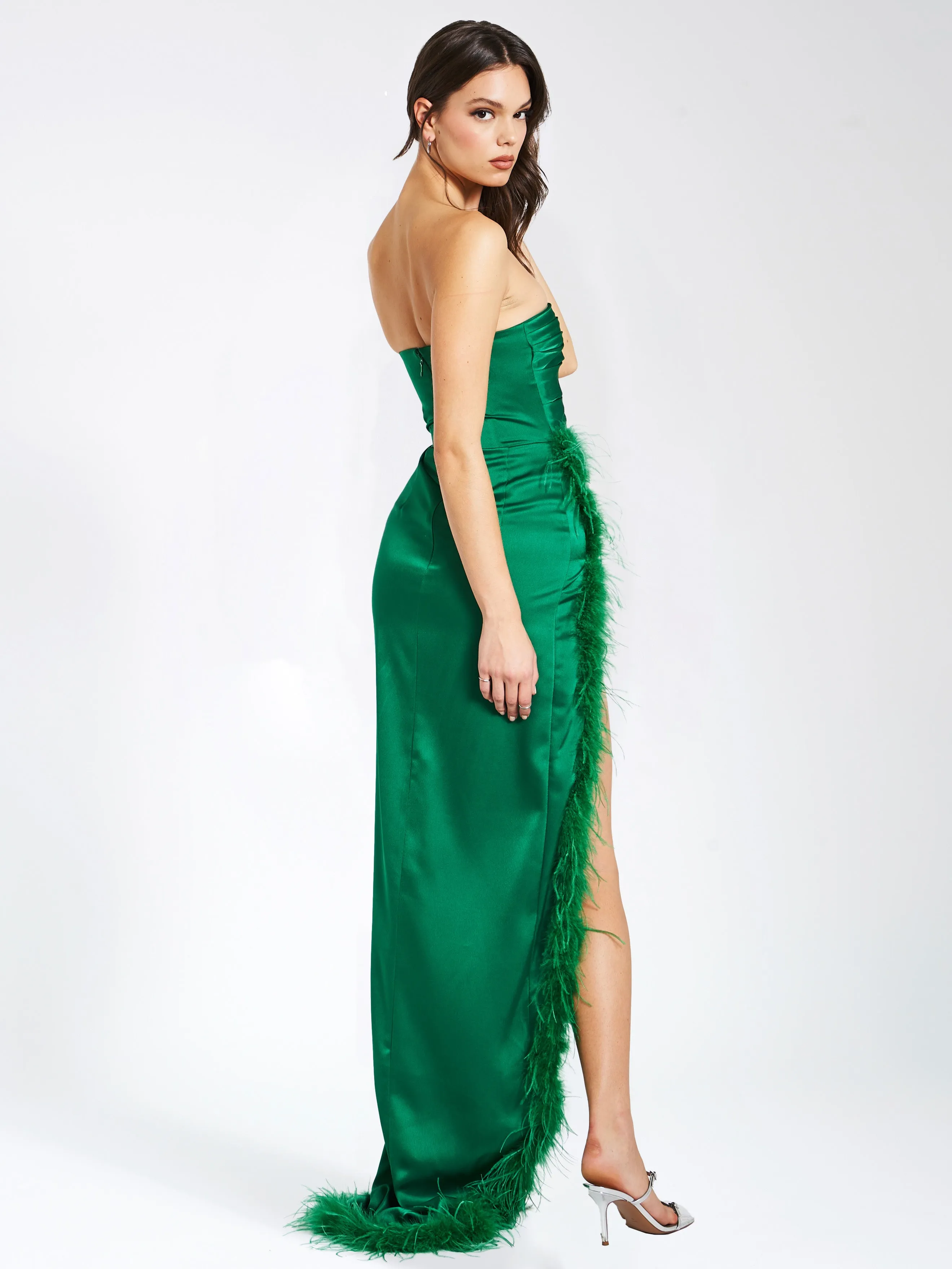 Perrin Emerald Green Feather Graceful Dress High Slit Gown