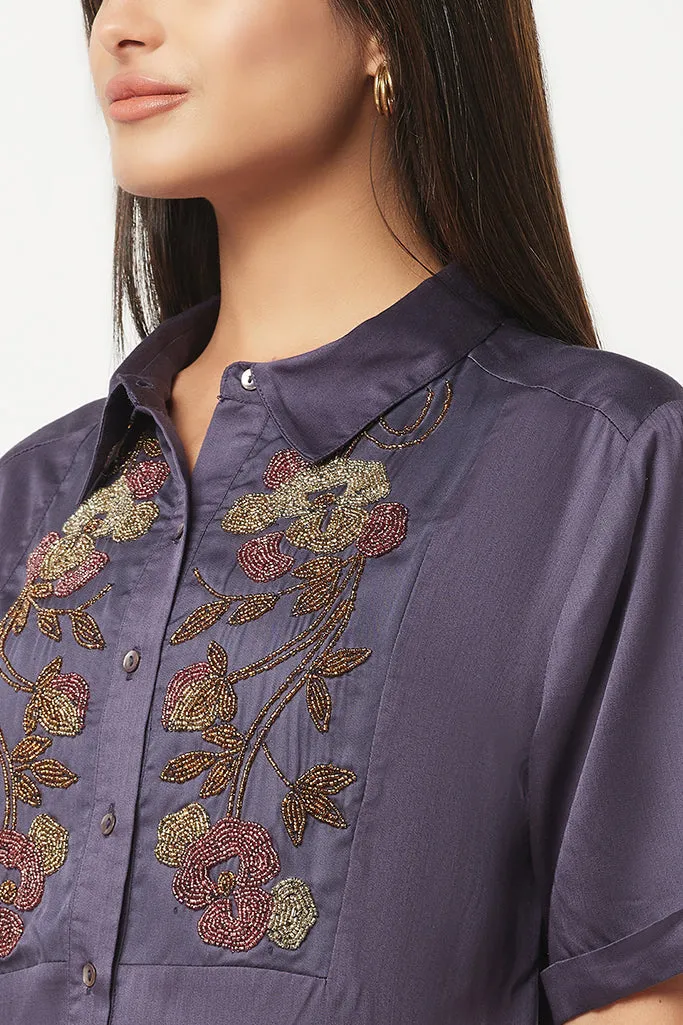 Purple Embellished Satin Shirt