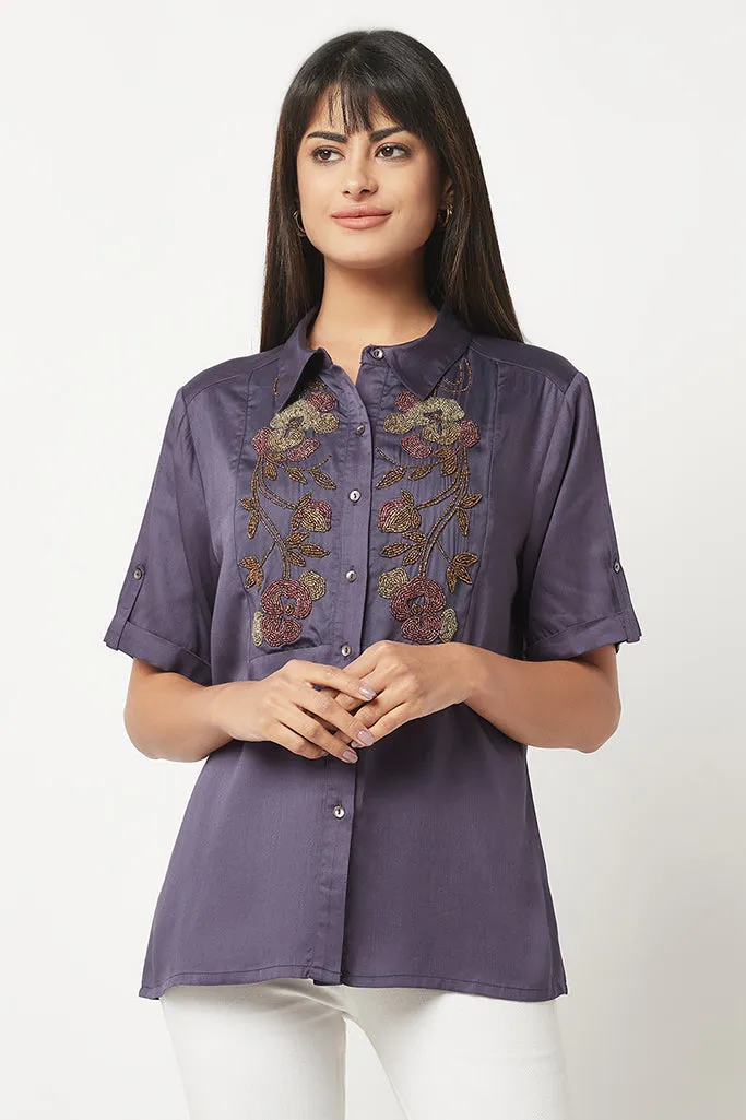Purple Embellished Satin Shirt