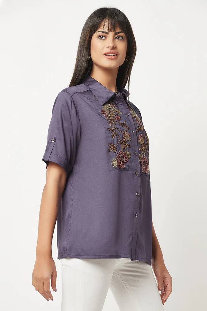 Purple Embellished Satin Shirt