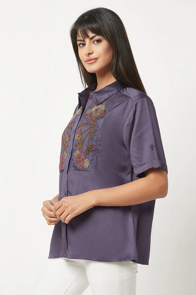 Purple Embellished Satin Shirt