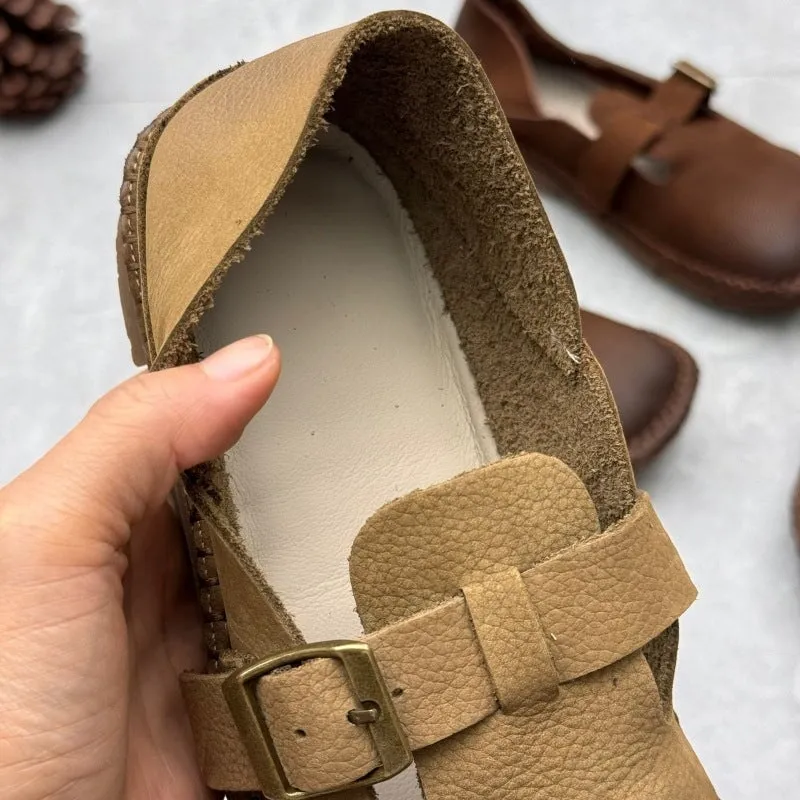 Retro Soft Leather Loafers For Women Round Toe Flats Barefoot Shoes in Coffee/Khaki