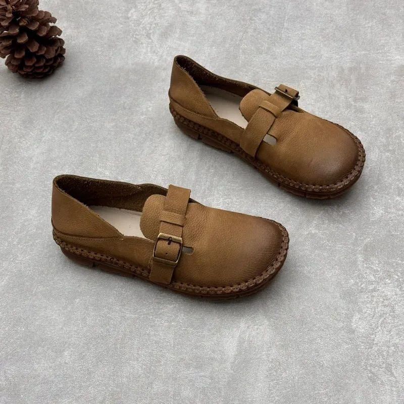 Retro Soft Leather Loafers For Women Round Toe Flats Barefoot Shoes in Coffee/Khaki
