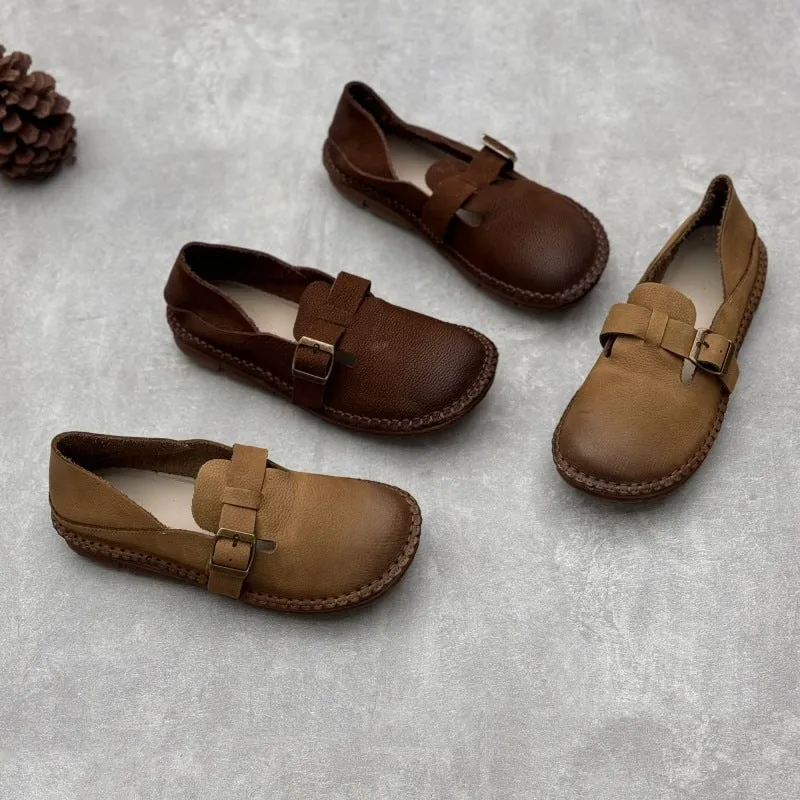 Retro Soft Leather Loafers For Women Round Toe Flats Barefoot Shoes in Coffee/Khaki