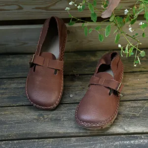 Retro Soft Leather Loafers For Women Round Toe Flats Barefoot Shoes in Coffee/Khaki
