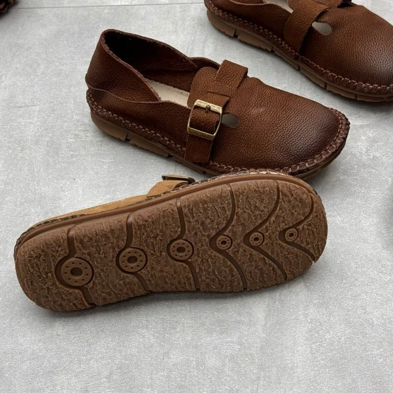 Retro Soft Leather Loafers For Women Round Toe Flats Barefoot Shoes in Coffee/Khaki