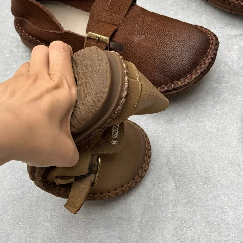 Retro Soft Leather Loafers For Women Round Toe Flats Barefoot Shoes in Coffee/Khaki