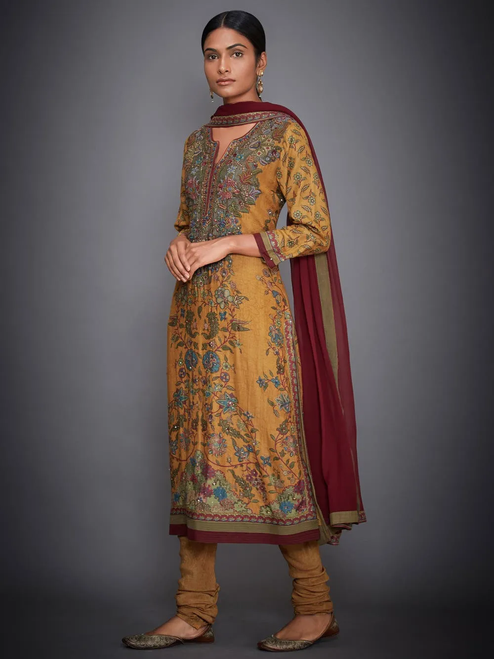 RI Ritu Kumar Mustard Yellow & Burgundy Embroidered Suit Set