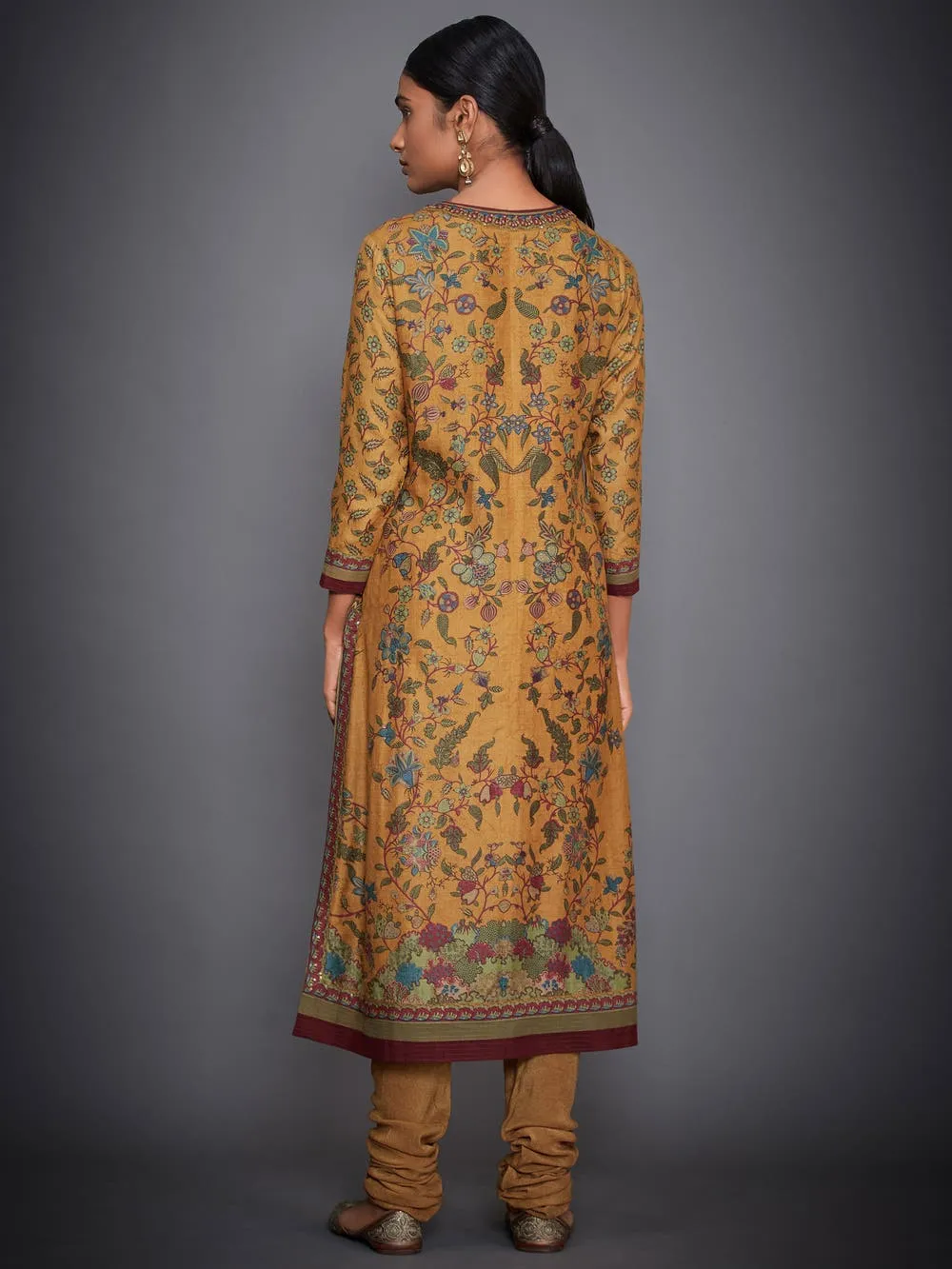 RI Ritu Kumar Mustard Yellow & Burgundy Embroidered Suit Set