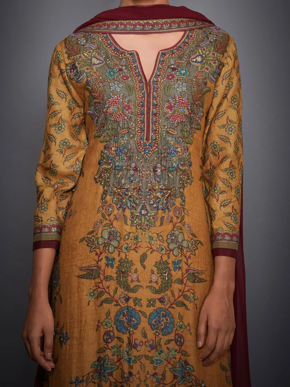 RI Ritu Kumar Mustard Yellow & Burgundy Embroidered Suit Set