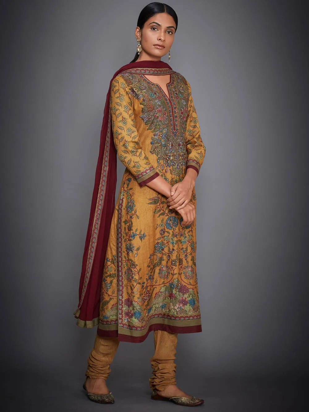 RI Ritu Kumar Mustard Yellow & Burgundy Embroidered Suit Set