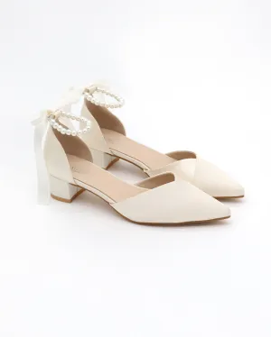 Satin Pointy Toe Low Block Heels Wedding Shoes with All Pearls Ankle Strap