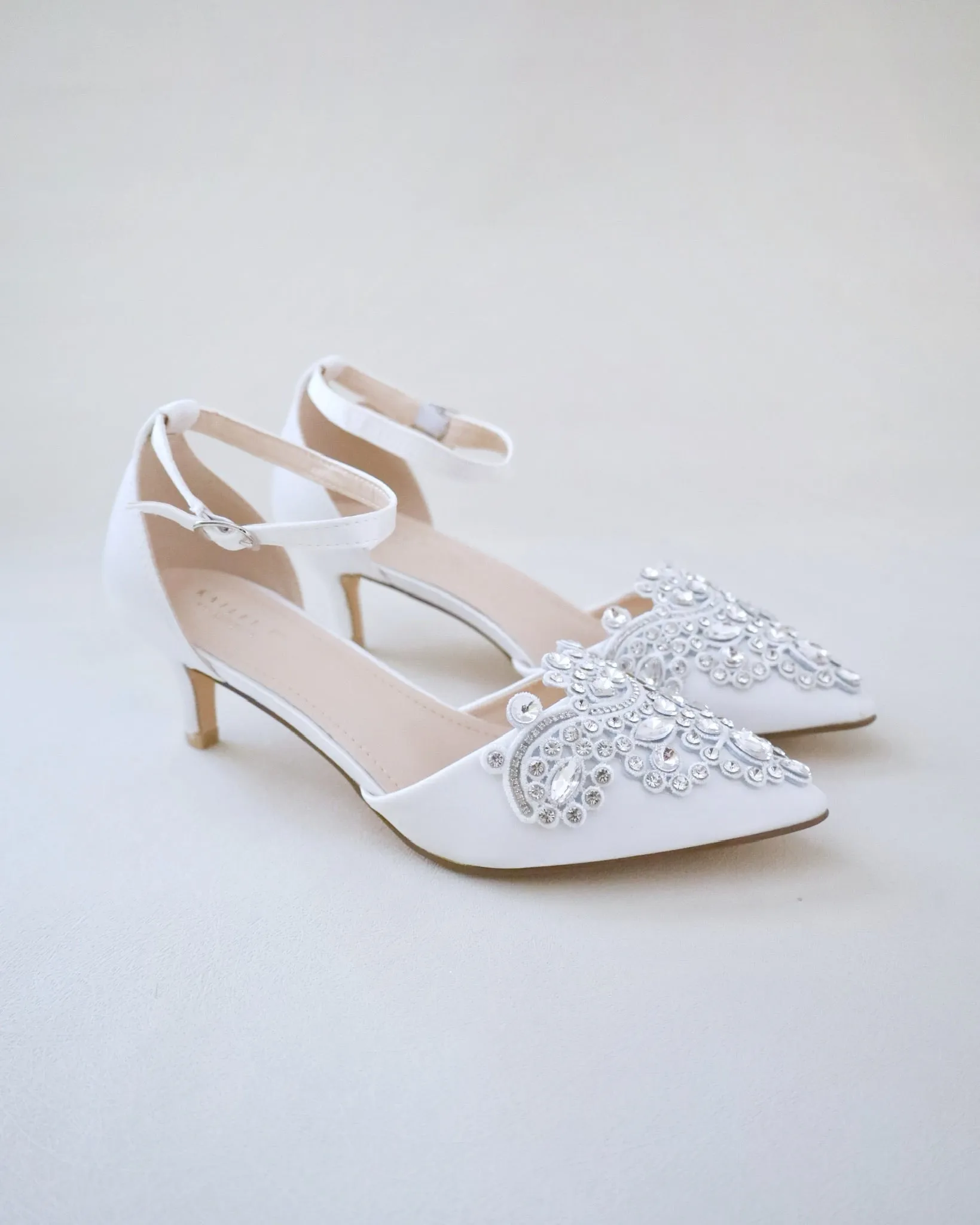 Satin Pointy Toe Low Heels with Rhinestones Applique