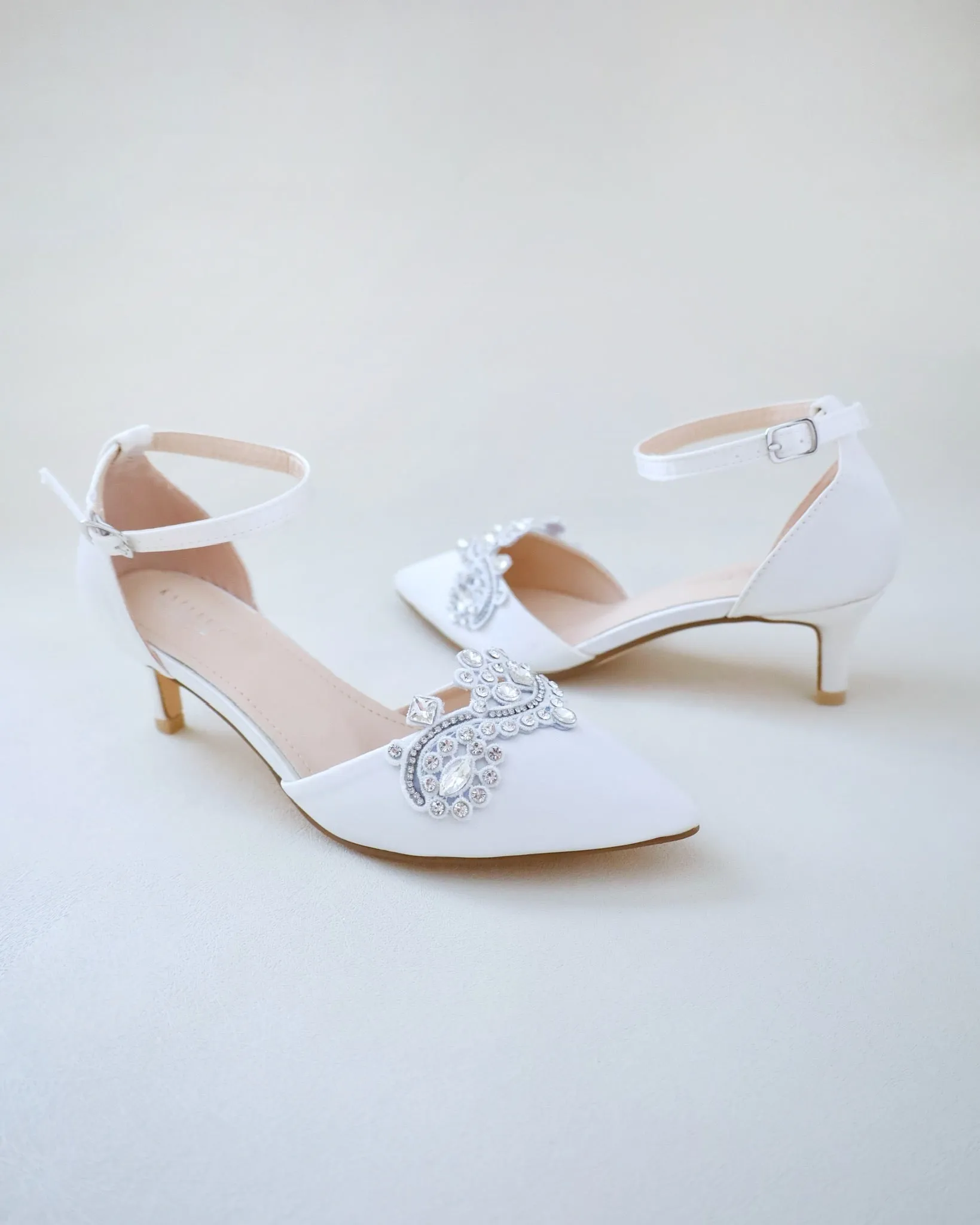 Satin Pointy Toe Low Heels with Rhinestones Applique