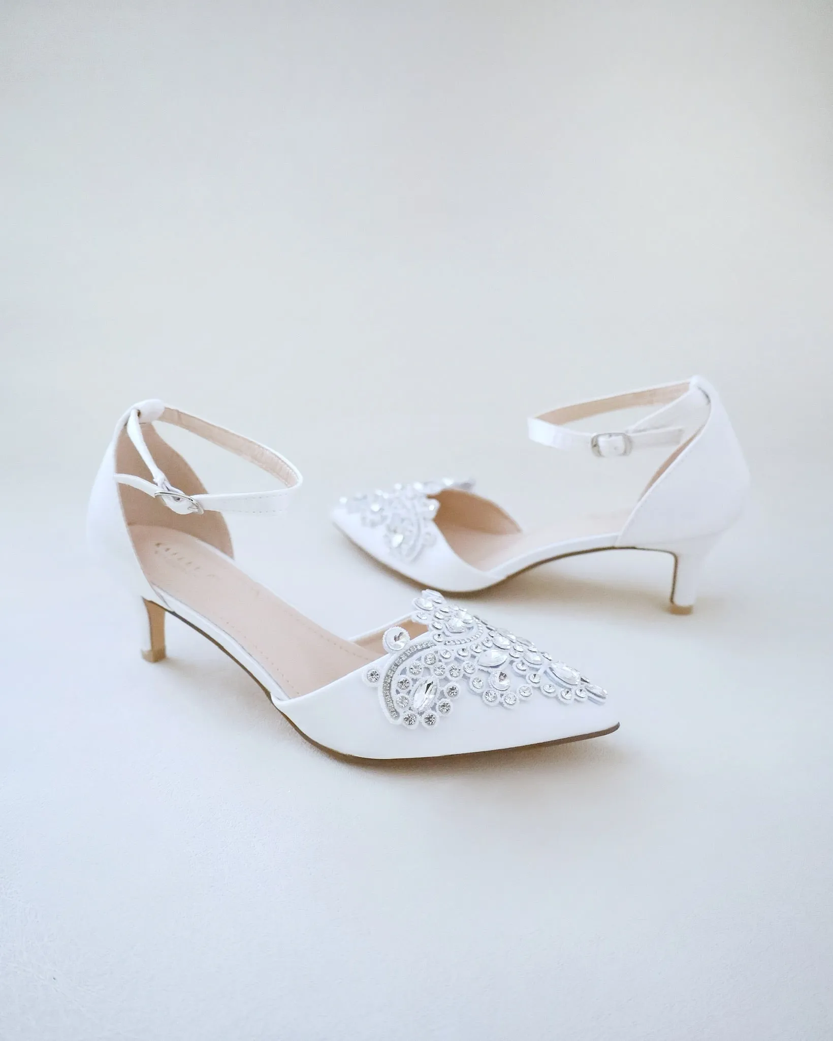 Satin Pointy Toe Low Heels with Rhinestones Applique