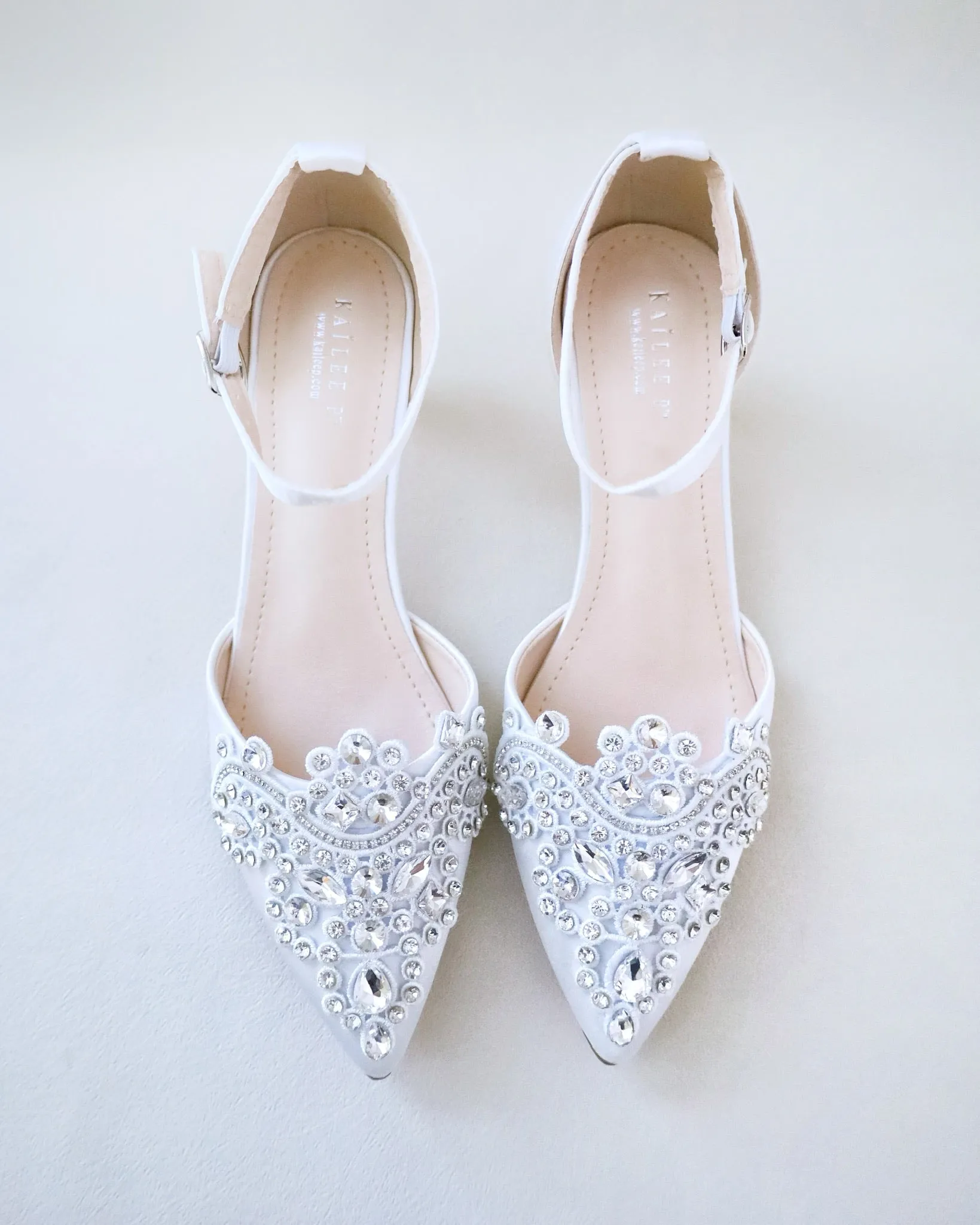 Satin Pointy Toe Low Heels with Rhinestones Applique