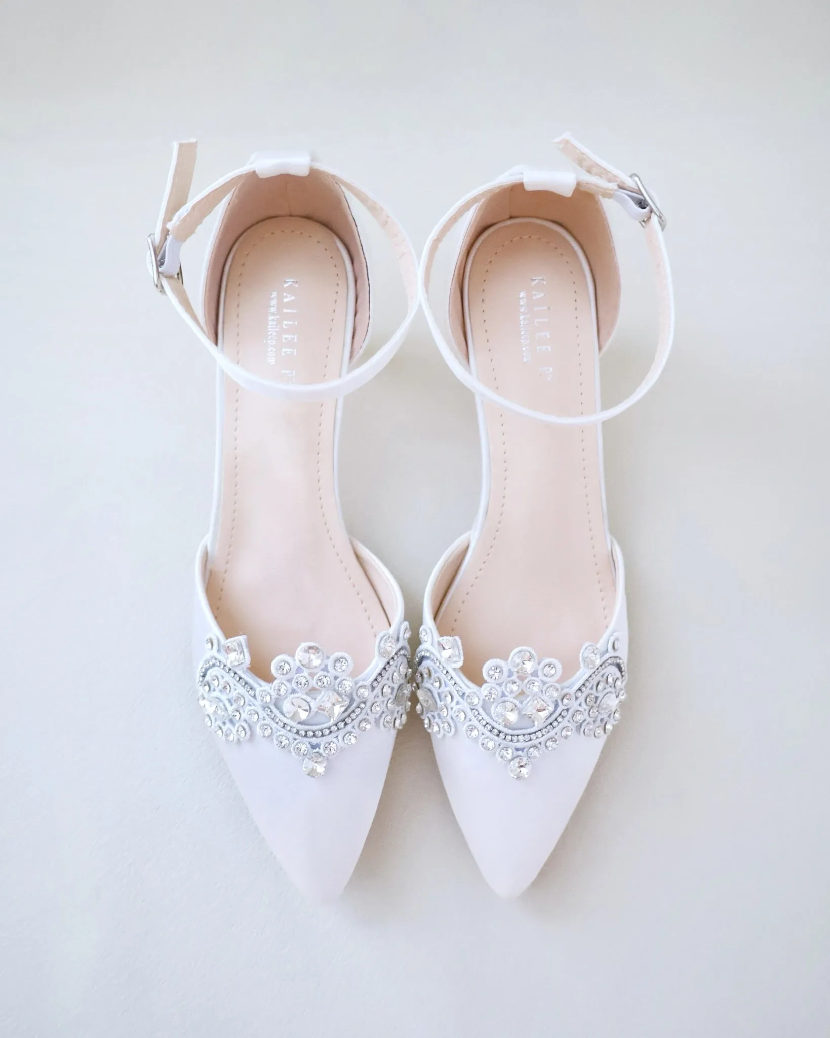 Satin Pointy Toe Low Heels with Rhinestones Applique