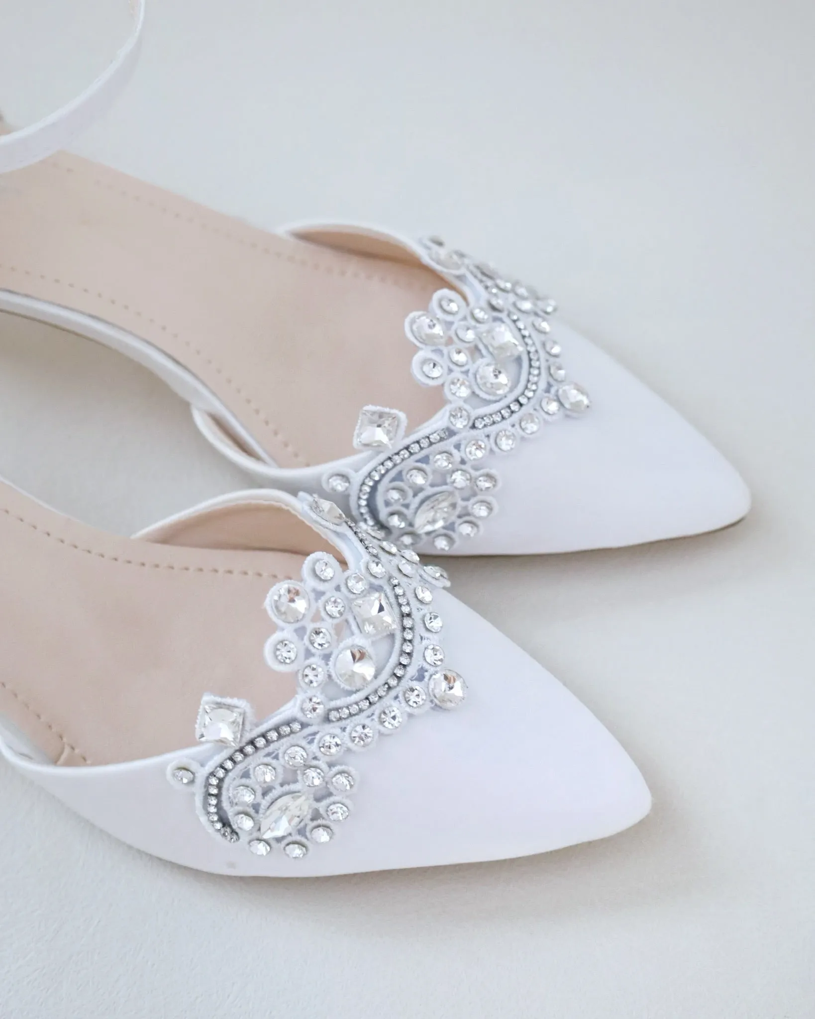 Satin Pointy Toe Low Heels with Rhinestones Applique