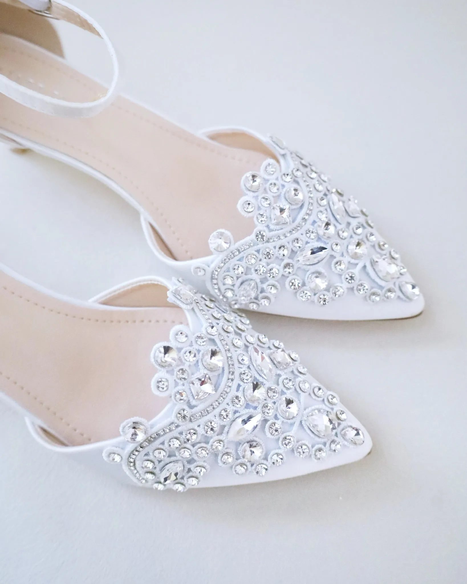 Satin Pointy Toe Low Heels with Rhinestones Applique