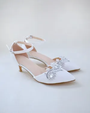 Satin Pointy Toe Low Heels with Rhinestones Applique